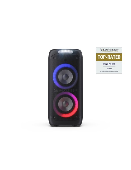 SHARP PS 949 FUNCIÓN KARAOKE MICROFONO INCLUIDO C ON TWS BLUETOOTH UEBX2 2X6,33MM LUCES MULTICOLOR Y ESTROBOSCÓPICA POTENCIA 132