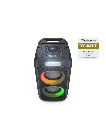 SHARP PS 949 FUNCIÓN KARAOKE MICROFONO INCLUIDO C ON TWS BLUETOOTH UEBX2 2X6,33MM LUCES MULTICOLOR Y ESTROBOSCÓPICA POTENCIA 132