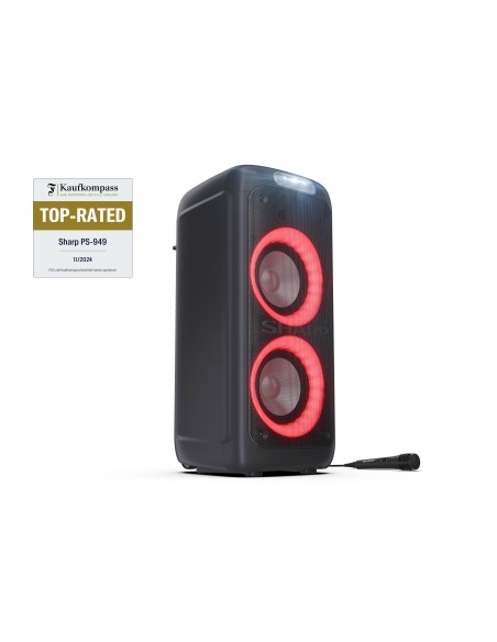 SHARP PS 949 FUNCIÓN KARAOKE MICROFONO INCLUIDO C ON TWS BLUETOOTH UEBX2 2X6,33MM LUCES MULTICOLOR Y ESTROBOSCÓPICA POTENCIA 132