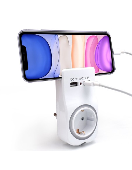 Adaptador de pared welly enjoy 1 toma schuko 16a con luz nocturna soporte para telefono 2 puertos usb indicador led blanco WY130