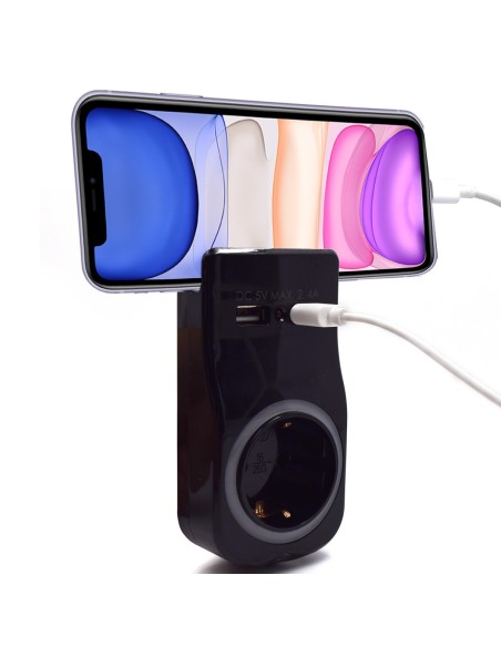 Adaptador de pared welly enjoy toma schuko 16a con luz nocturna 2puertos usb indicador led soporte telefono negro WY13031