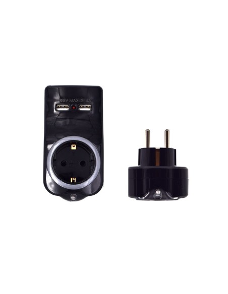 Adaptador de pared welly enjoy toma schuko 16a con luz nocturna 2puertos usb indicador led soporte telefono negro WY13031