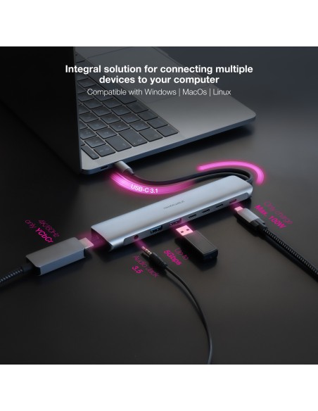 Nanocable Hub 8en1 USB-A+USB-C+HDMI+USB-C PD+Jack
