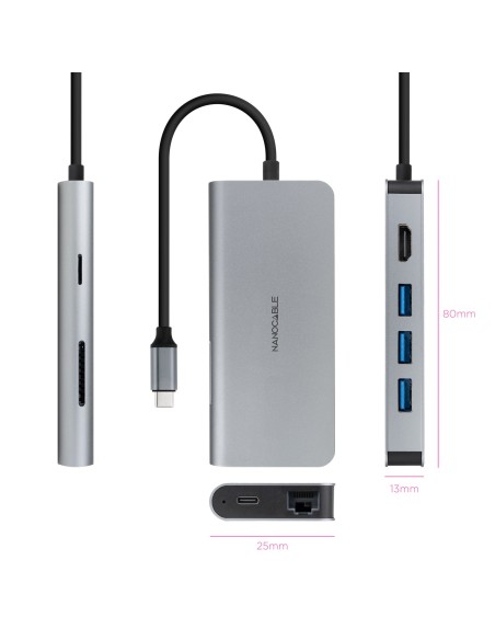 Nanocable Hub 8en1 USB-A+HDMI+USB-C PD+RJ45+TF+SD