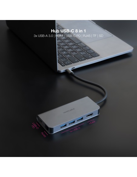 Nanocable Hub 8en1 USB-A+HDMI+USB-C PD+RJ45+TF+SD