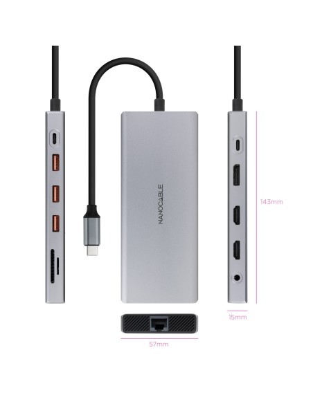 Nanocable Hub 12en1 USB-A C+HDMI+DP+RJ45+TF+SD+AU