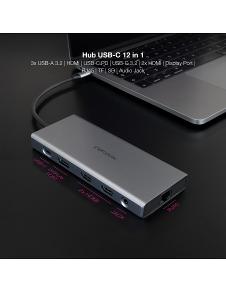 Nanocable Hub 12en1 USB-A C+HDMI+DP+RJ45+TF+SD+AU