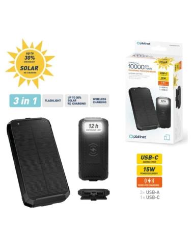 PLATINET POWERBANK 10000mAh CAMPING CARGADOR SOLAR INALÁMBRICO 15W NEGRO