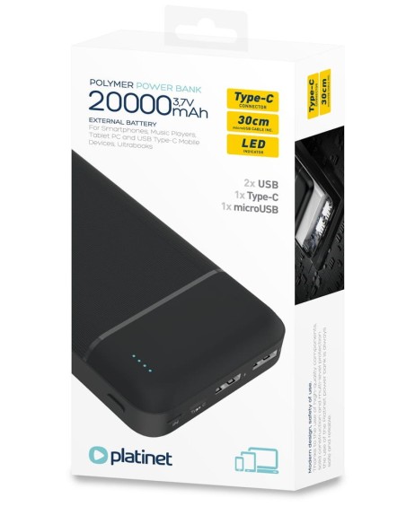 PLATINET POWERBANK 20.000mAh POLYMERO ABS NEGRO