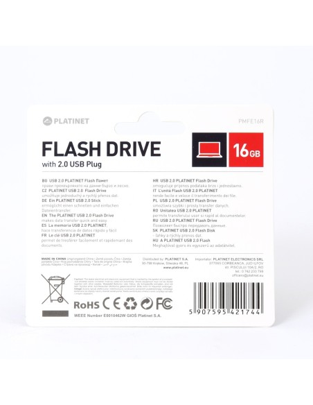 PLATINET PENDRIVE 16GB USB 2.0 PMFE16R ROJO