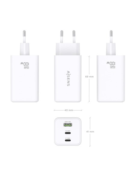 CARGADOR GAN AISENS 100W 2XUSB-C PD3.0 QC4.0 QC5.0 1XUSB-A QC3.0
