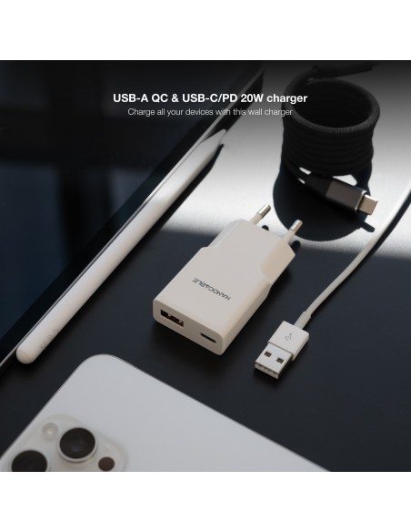 Nanocable Cargador USB-C PD + USB-A QC 20W Blanco