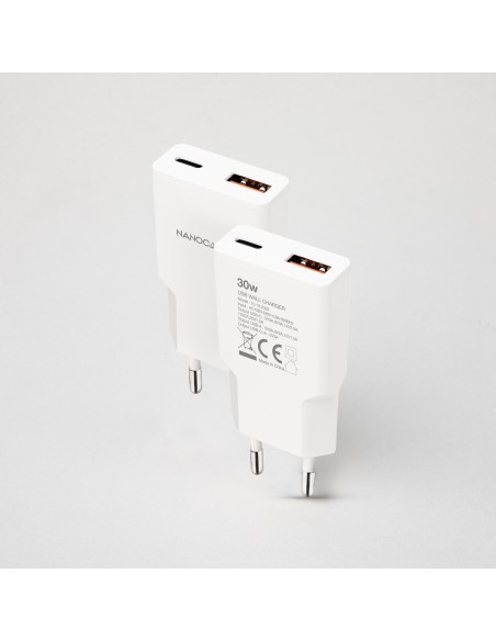 Nanocable Cargador USB-C PD + USB-A QC 30W Blanco