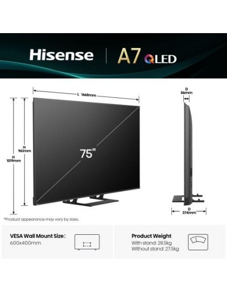 Hisense 75A7KQ TV 75" UHD QLED SMART TV HDR10+