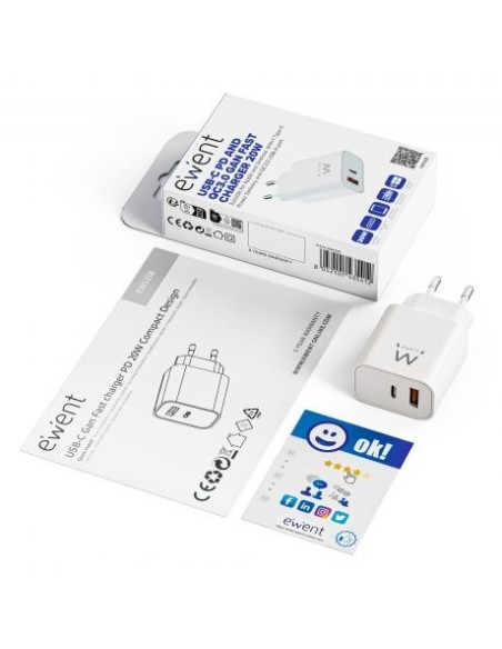 EWENT EW1318 Cargador rápido USB-C PD 20W USB-A QC
