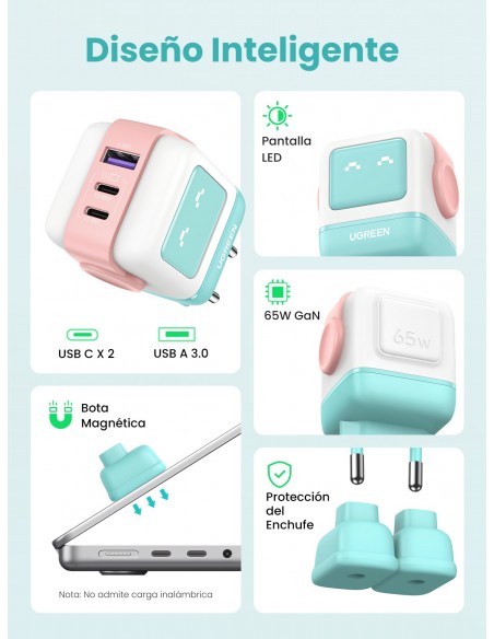 UGREEN CARGADOR PARED USB-A + 2xUSB-C 65W GAN FAST MENTA