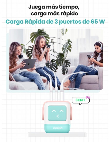 UGREEN CARGADOR PARED USB-A + 2xUSB-C 65W GAN FAST MENTA
