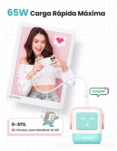 UGREEN CARGADOR PARED USB-A + 2xUSB-C 65W GAN FAST MENTA