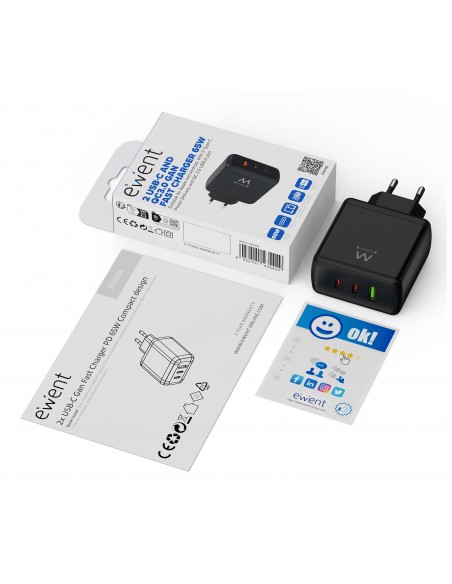 EWENT Cargador Gan Fast 65W 2 USB-C PD-1USB-A QC