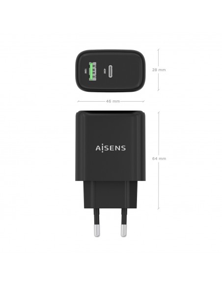 CARGADOR GAN 45W 1XUSB-C PD3.0 QC4.0 1XUSB-A QC3.0 NEGRO AISENS A110-0972