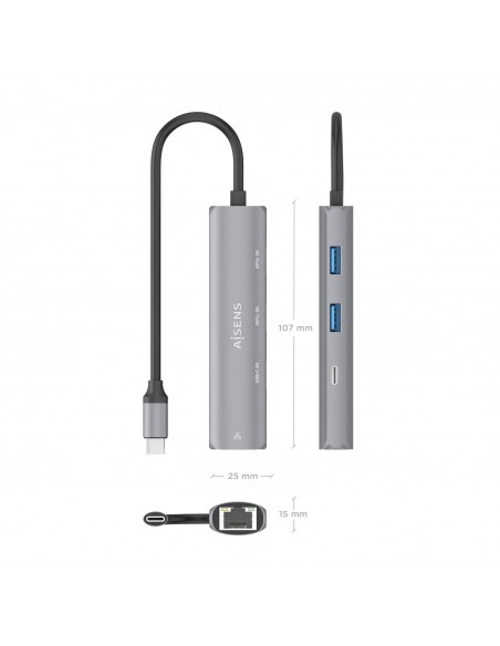 DOCK AISENS USB-C A ETHERNET GIGABIT HUB 1 USB-C 2 USB-A GRIS 15CM ASUC-4P039-GR