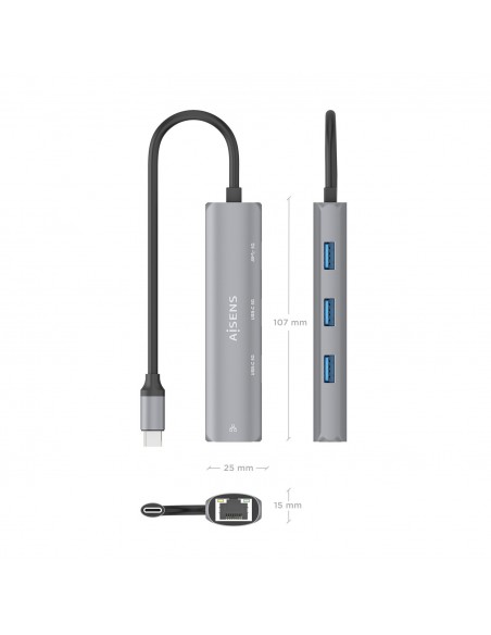 DOCK AISENS USB-C A ETHERNET GIGABIT HUB 2 USB-C 1 USB-A GRIS 15CM ASUC-4P040-GR