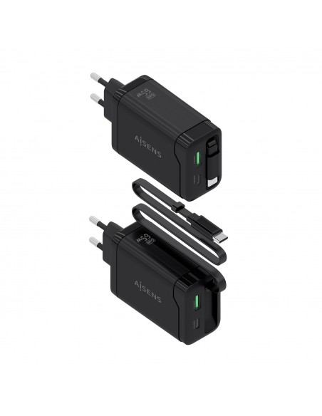 CARGADOR GAN 65W USB-C CABLE RETRACTIL 1USBC 1USBA NEGRO AISENS ASCH-65W3P071-BK