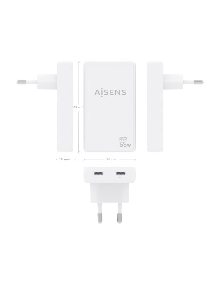 CARGADOR AISENS GAN PARED ULTRA DELGADO 65W 2XUSB-C PD3.0 QC4.0 BLANCO