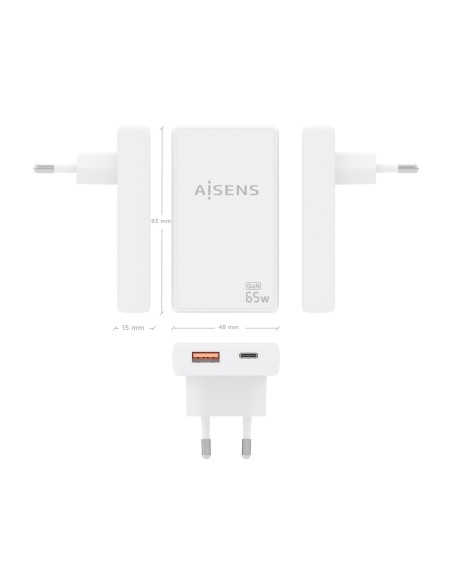 CARGADOR AISENS GAN PARED ULTRA DELGADO 65W USB-C PD3.0 QC4.0 USB-A QC3.0