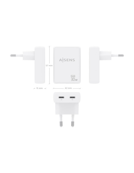 CARGADOR AISENS GAN PARED ULTRA DELGADO 30W 2XUSB-C PD3.0 QC4.0 BLANCO
