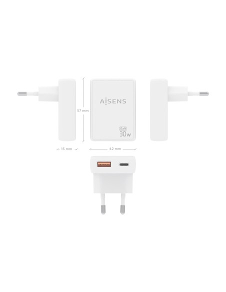 CARGADOR AISENS GAN PARED 30W USB-C PD3.0 QC4.0 USB-A QC3.0 BLANCO