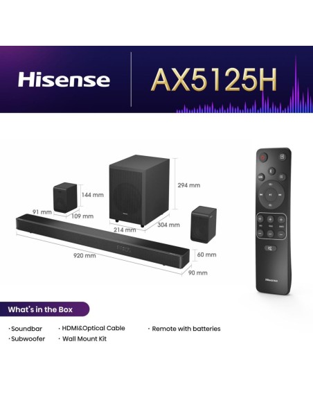 BARRA SONIDO HISENSE AX5125H 5.1.2 500W DOLBY ATMOS SUBWOOFER INALAMBRICO