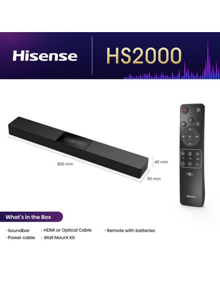 BARRA SONIDO HISENSE HS2000 2.1 SUBWOOFER INTEGRADO 240W DOLBY DIGITAL BT