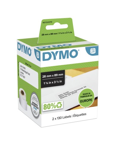 ETIQUETAS DYMO LABEL WRITER PAPEL PARA DIRECCIONES 130 X 2 ROLLOS BLANCAS DE 89X28MM S0722370