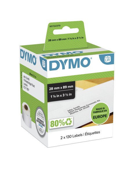 ETIQUETAS DYMO LABEL WRITER PAPEL PARA DIRECCIONES 130 X 2 ROLLOS BLANCAS DE 89X28MM S0722370