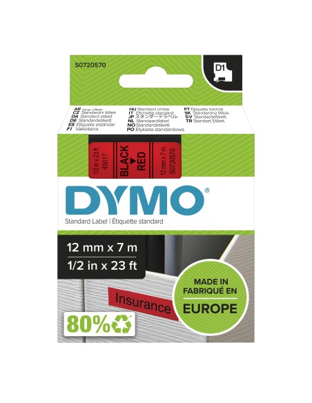 CINTA ROTULADORA AUTOADHESIVA DYMO D1 12MM X 7M PARA ROTULADORAS LABEL MANAGER NEGRO SOBRE ROJO S0720570
