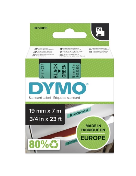 Dymo D1 Etiquetas estandar negro sobre verde 19mm x 7m poliester