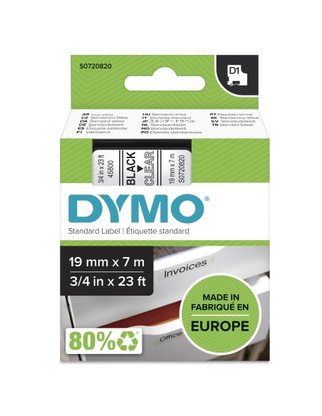 Dymo D1 Etiquetas estandar negro sobre transparente 19mm x 7m poliester