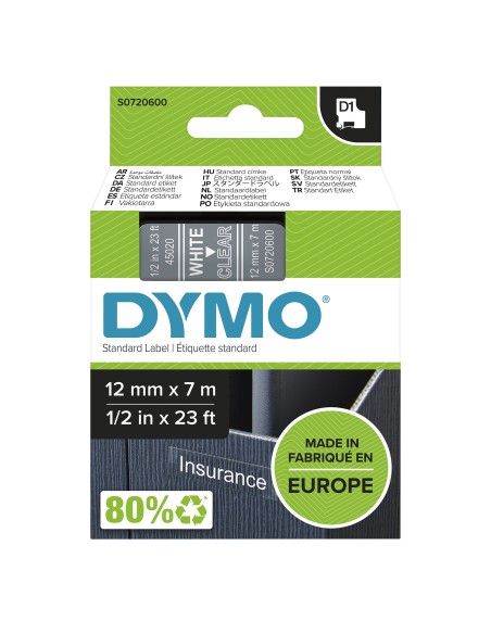Dymo D1 Etiquetas estandar blanco sobre transparente 12mm x 7m poliester