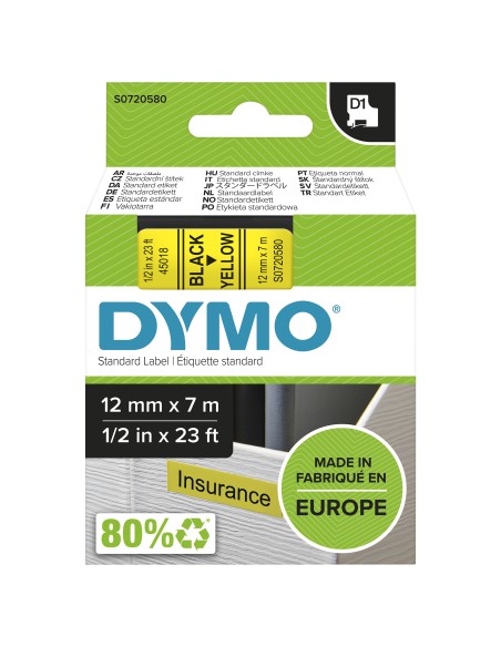 Dymo D1 Etiquetas estandar negro sobre amarillo 12mm x 7m poliester