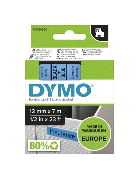 Dymo D1 Etiquetas estandar negro sobre azul 12mm x 7m poliester