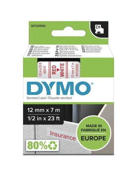Dymo D1 Etiquetas estandar rojo sobre blanco 12mm x 7m poliester