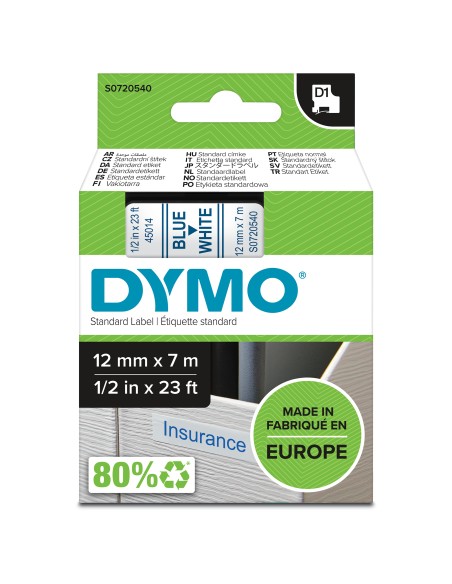 Dymo D1 Etiquetas estandar azul sobre blanco 12mm x 7m poliester