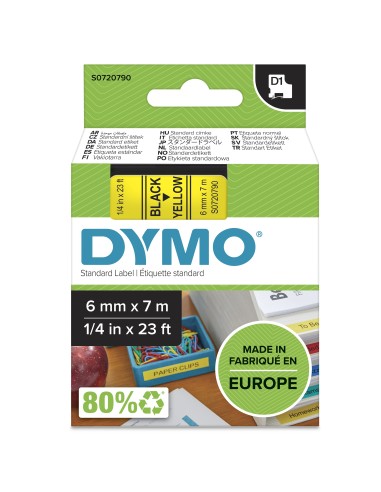 Dymo D1 Etiquetas estandar negro sobre amarillo 6mm x 7m poliester