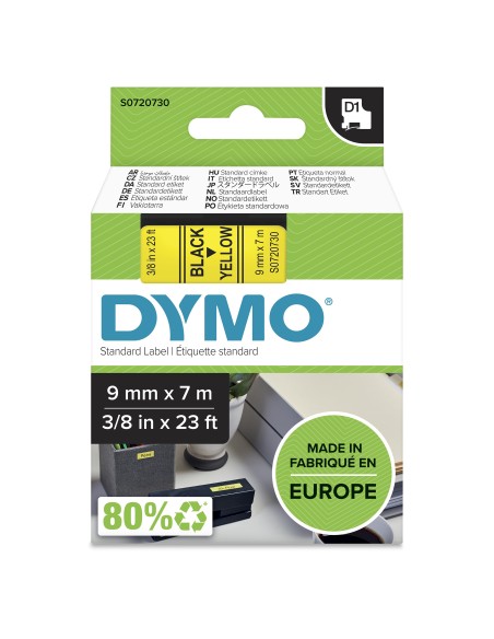 Dymo D1 Etiquetas estandar negro sobre amarillo 9mm x 7m poliester