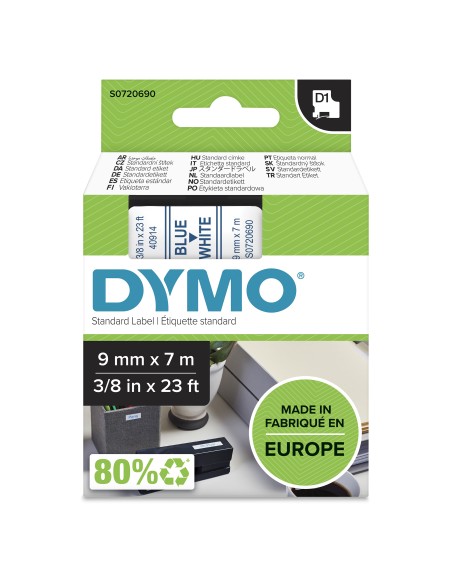 Dymo D1 Etiquetas estandar azul sobre blanco 9mm x 7m poliester