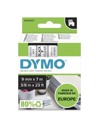 Dymo D1 Etiquetas estandar negro sobre transparente 9mm x 7m poliester