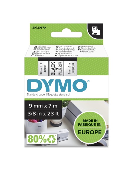 Dymo D1 Etiquetas estandar negro sobre transparente 9mm x 7m poliester