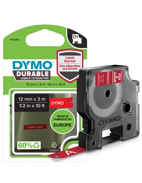 Dymo D1 Etiquetas durable blanco sobre rojo 12mm x 7m