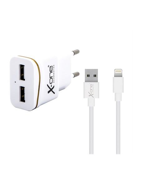 X-One cargador pared 2xUSB 2.1A + Lightning 1m Bco - Imagen 1